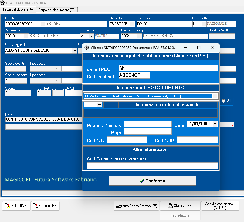 MAGICOEL Fattura diretta a cliente, Info fatture elettroniche MAGICOEL Fattura differita a cliente, Info fatture elettroniche