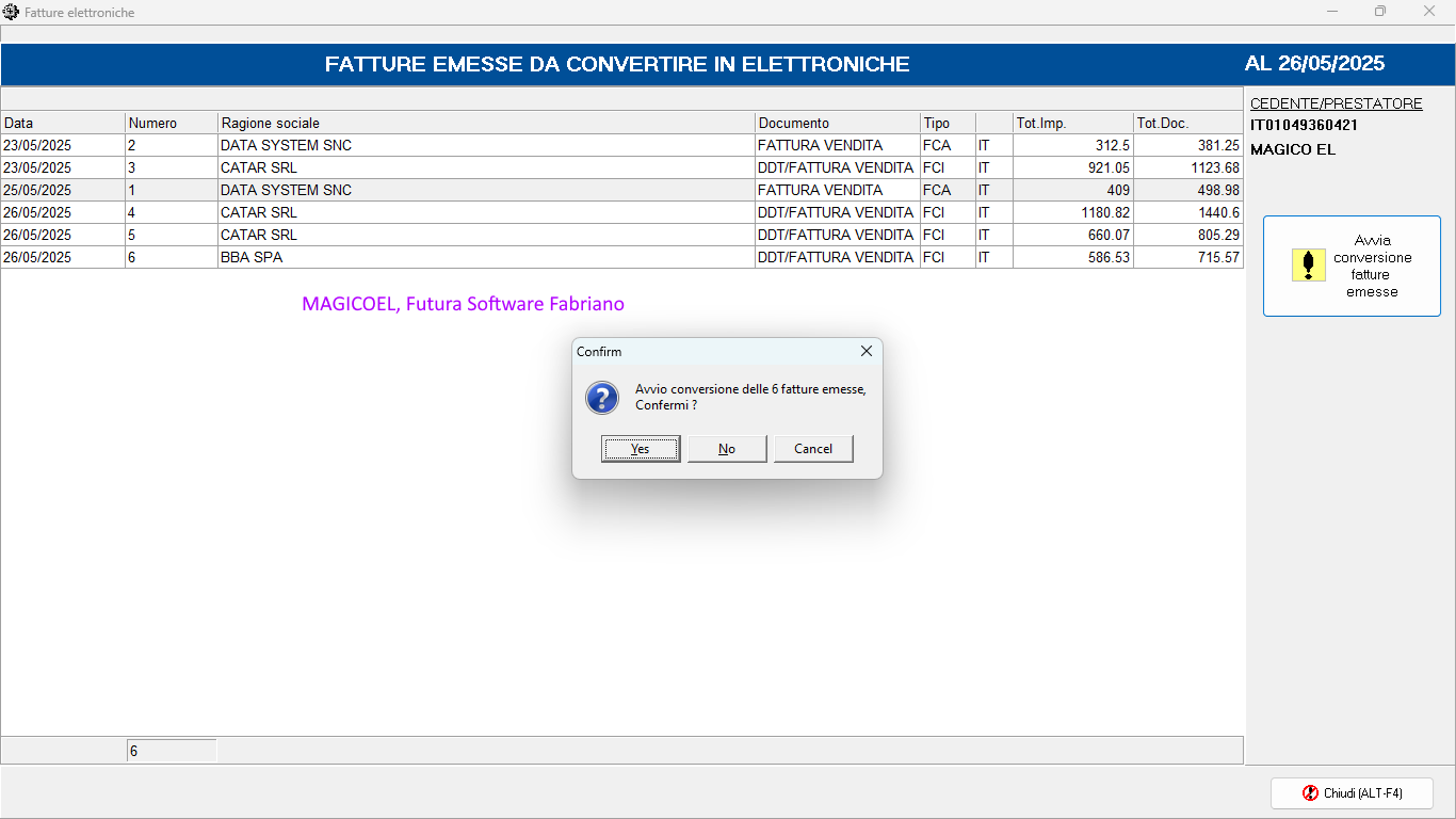 MAGICOEL (Add-On) Fattura elettronica, Fatture emesse da convertire in elettroniche, Avvio della conversione in formato xml MAGICOEL (Add-On) Fattura elettronica, Fatture emesse da convertire in elettroniche, Avvio della conversione in formato xml