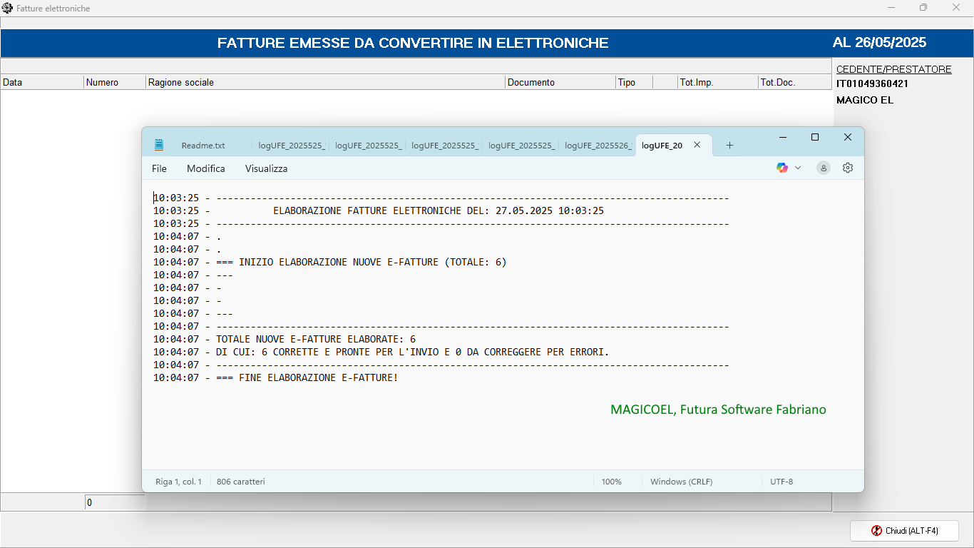 MAGICOEL (Add-On) Fattura elettronica, Fatture emesse da convertire in elettroniche, File log con l'esito dell'elaborazione MAGICOEL (Add-On) Fattura elettronica, Fatture emesse da convertire in elettroniche, File log con l'esito dell'elaborazione