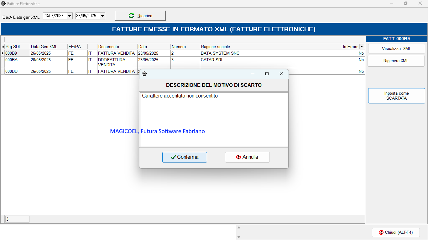 MAGICOEL Scarto della fattura elettronica, motivo dello scarto MAGICOEL Scarto della fattura elettronica, Motivo dello scarto