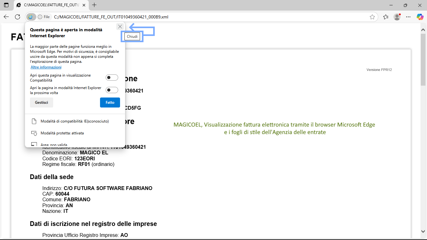 MAGICOEL Fatture elettroniche, Visualizzazione con il browser Microsoft Edge MAGICOEL Fatture elettroniche, Visualizzazione con il browser Microsoft Edge