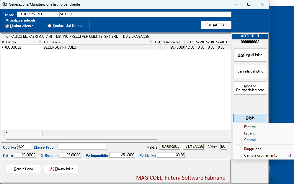 MAGICOEL Listino per cliente, Menu griglia MAGICOEL Listino per cliente, Menu griglia