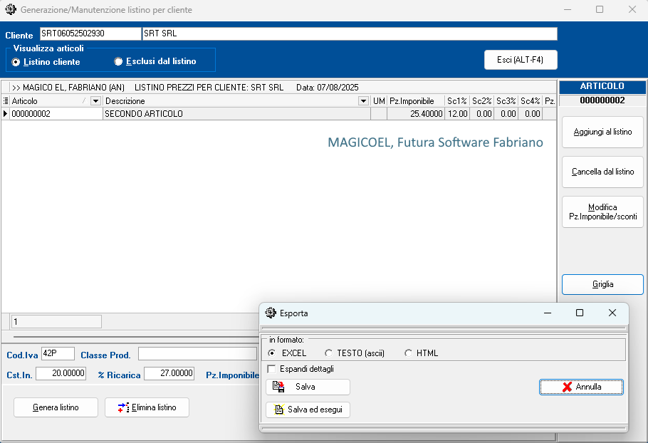 MAGICOEL Listino per cliente, Formato del file per esportare una delle viste MAGICOEL Listino per cliente, Formato del file per esportare una delle viste