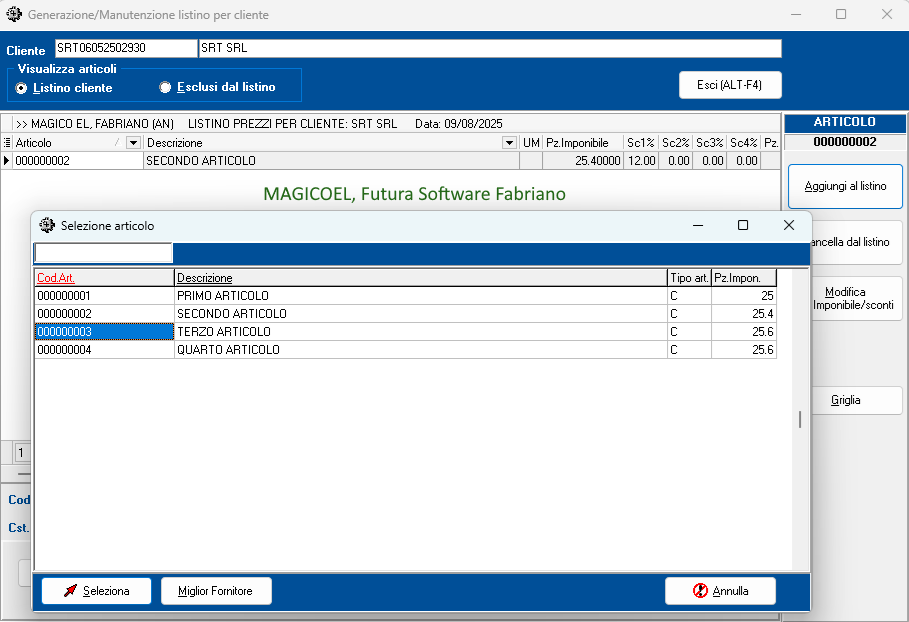 MAGICOEL Listino per cliente, Selezione articolo MAGICOEL Listino per cliente, Selezione articolo