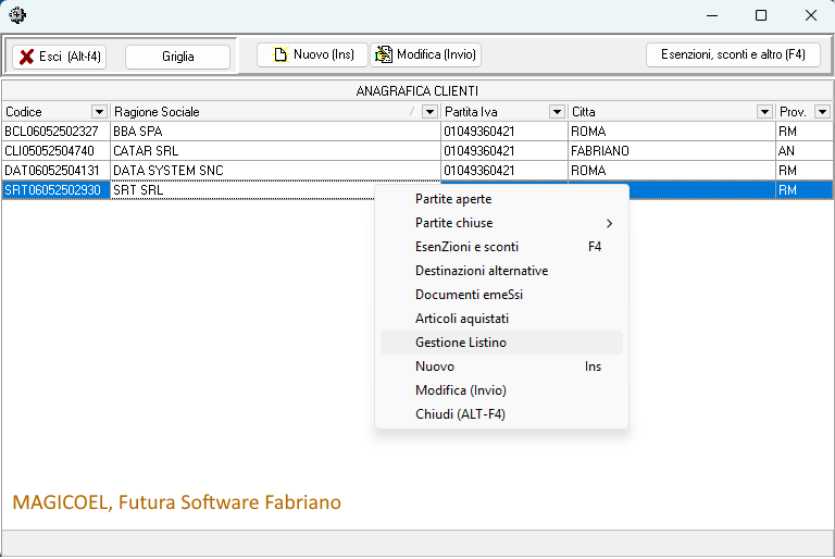 MAGICOEL Listino per cliente, popup menu per cliente in anagrafica clienti MAGICOEL Listino per cliente, popup menu per cliente in anagrafica clienti