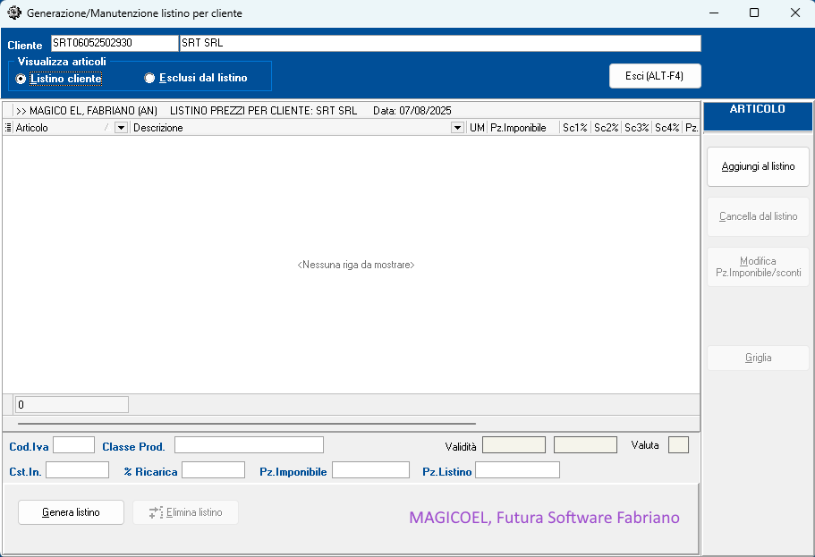 MAGICOEL Listino per cliente, Vista articoli nel listino per cliente MAGICOEL Listino per cliente, Vista articoli nel listino per cliente