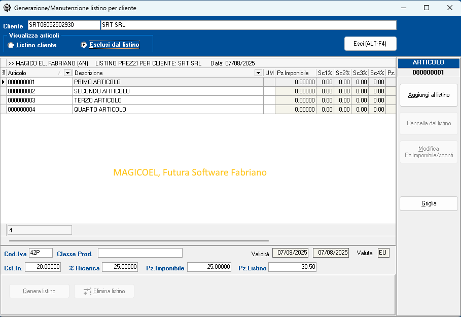 MAGICOEL Listino per cliente, Vista articoli esclusi dal listino MAGICOEL Listino per cliente, Vista articoli esclusi dal listino