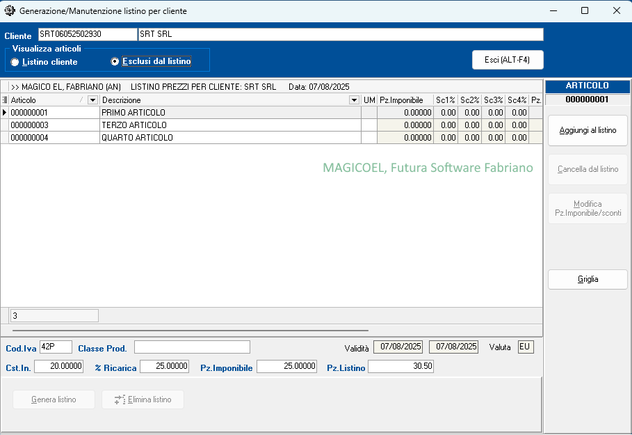 MAGICOEL Listino per cliente, Aggiornamento della lista degli articoli esclusi dal listino MAGICOEL Listino per cliente, Aggiornamento della lista degli articoli esclusi dal listino
