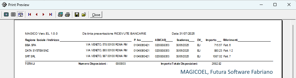 MAGICOEL Ricevute Bancarie, Anteprima della stampa grafica della distinta MAGICOEL Ricevute Bancarie, Anteprima della stampa grafica della distinta