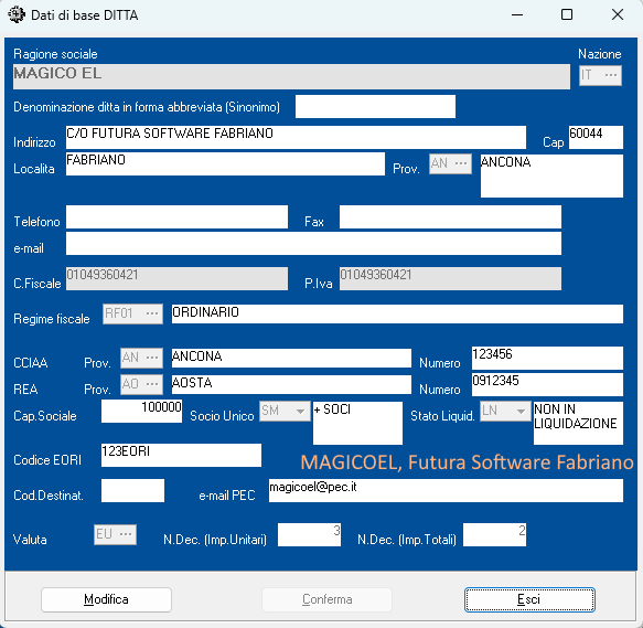 MAGICOEL Inizializzatione (Configurazione) MAGICOEL Inizializzatione (Configurazione)