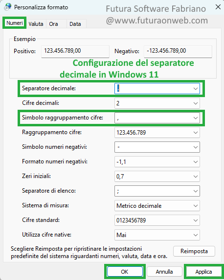 Configurazione del separatore decimale in Windows 11 Configurazione del separatore decimale in Windows 11