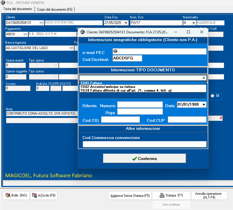 MAGICOEL Fattura diretta a cliente, Info fatture elettroniche