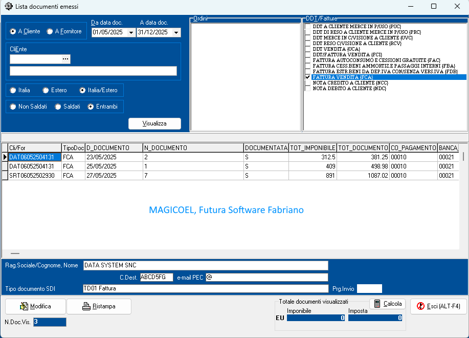 MAGICOEL Modifica fattura, lista documenti emessi