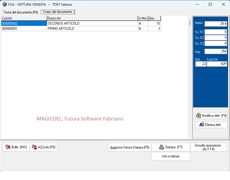 MAGICOEL Modifica fattura, lista documenti emessi