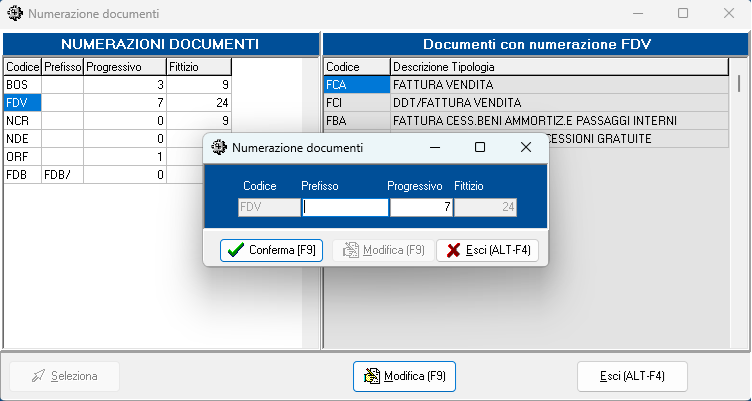 MAGICOEL Numerazione documenti, Modifica del prefisso e ultimo numero utilizzato